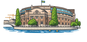 Riksdagshuset i Stockholm vid vattnet med svensk flagga på taket